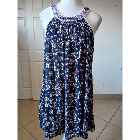 J Gee Dresses & Skirts - J. Gee Boho Floral Halter Dress Tunic M Navy‎ Blue Embroidered Trim Sleeveless